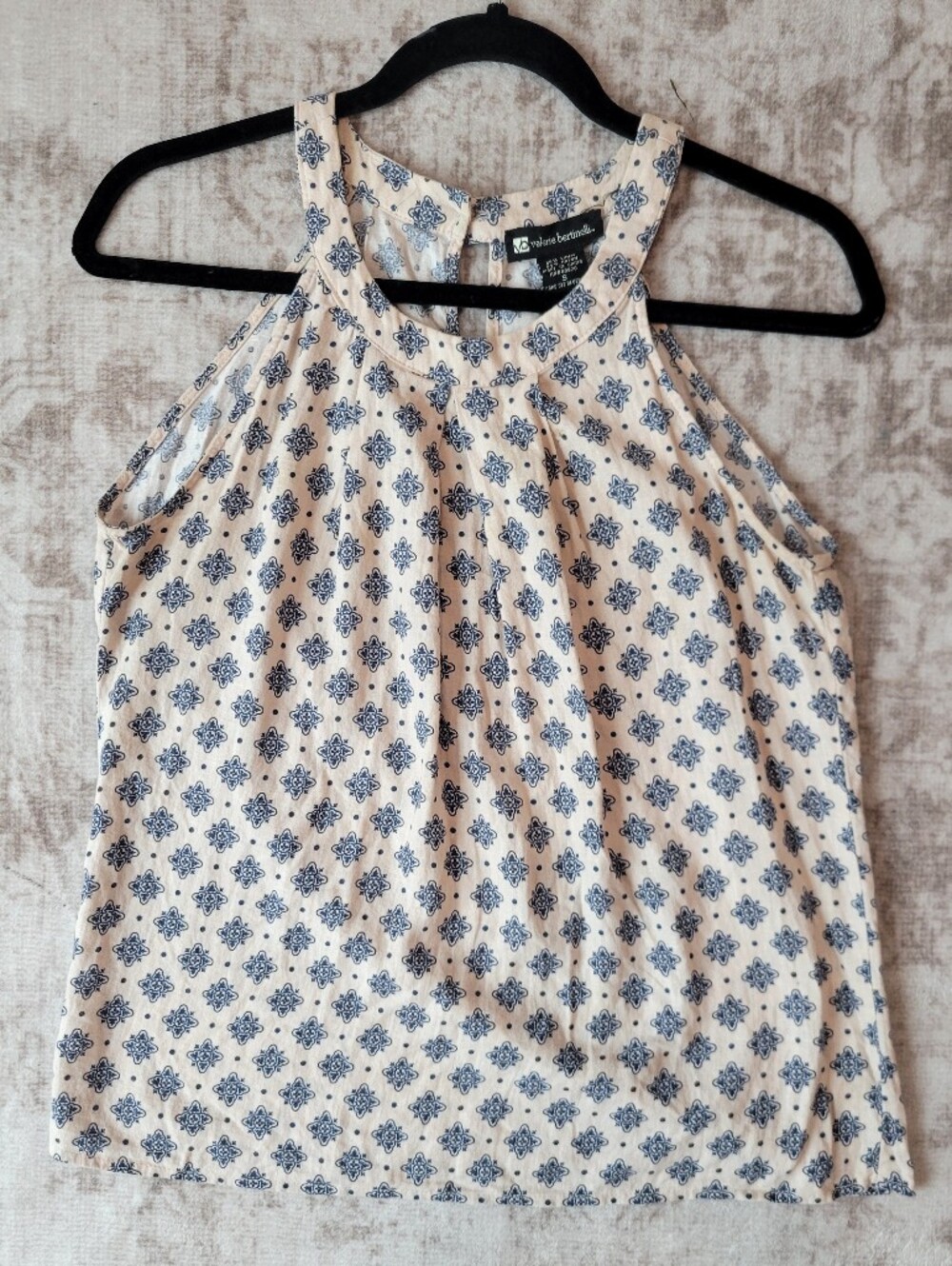 Valerie Bertinelli Linen Blend Halter Tank Womens S Cream Blue Pattern Top